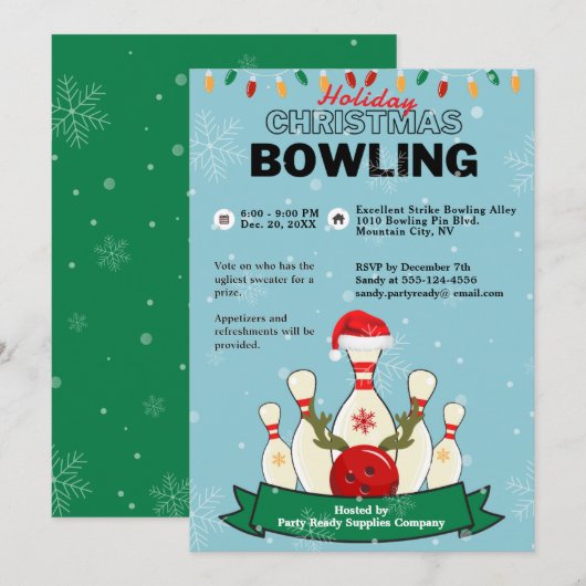 Vakantie Kerst Bowling LT Blauw Groen Sneeuwfeest Kaart (Voorkant / Achterkant)