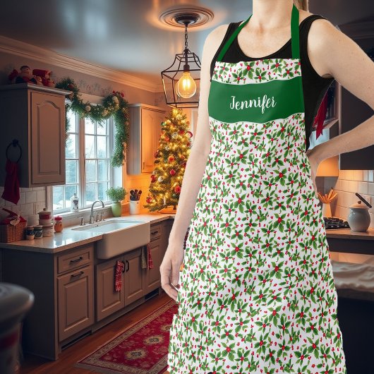 Vakantie Kerst Holly bessen monogram naam Schort