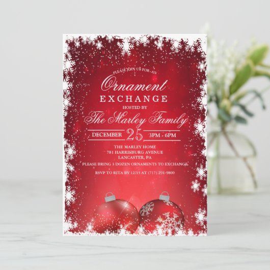 Vakantie Kerst Ornament Exchange uitnodiging (Staand voorkant)