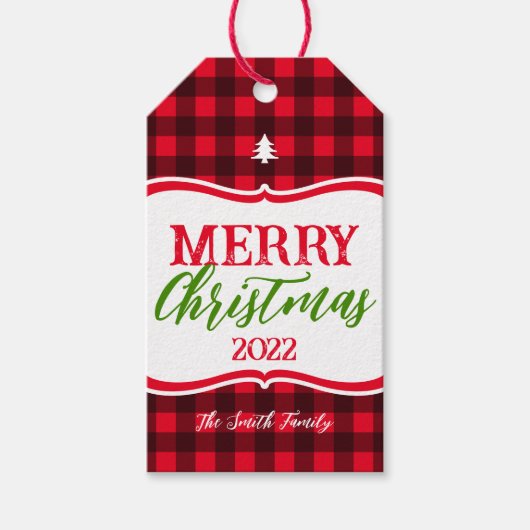 Vakantie/kerstbuffel geplaveid Label met cadeau Cadeaulabel (Voorkant)