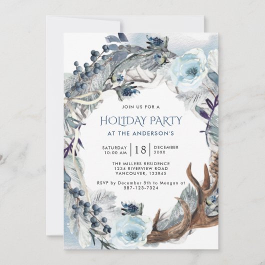 Vakantie / Kerstfeest, Blauw en Zilveren krans Kaart (Voorkant)