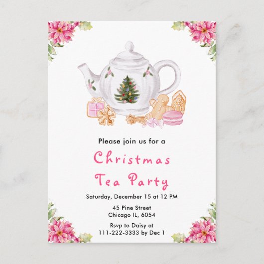 Vakantie Kerstmis Tea Party Roze Briefkaart (Voorkant)