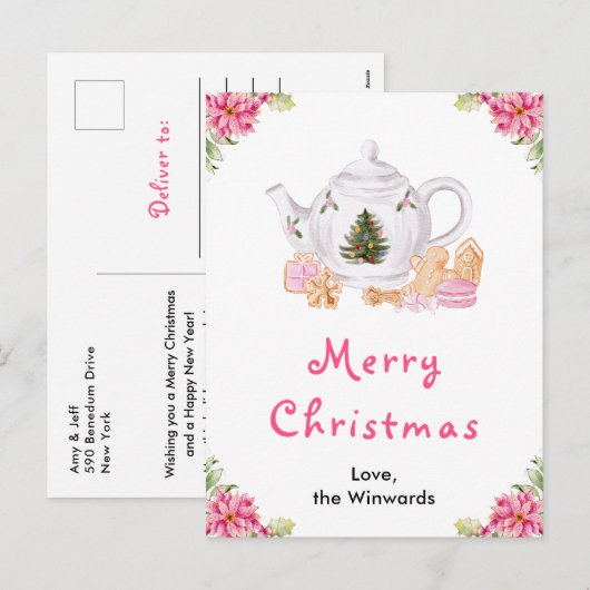 Vakantie Kerstthee Roze Vrolijke Kerstmis Feestdagenkaart (Voorkant / Achterkant)