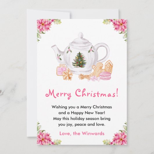 Vakantie Kerstthee Roze Vrolijke Kerstmis Feestdagenkaart (Voorkant)