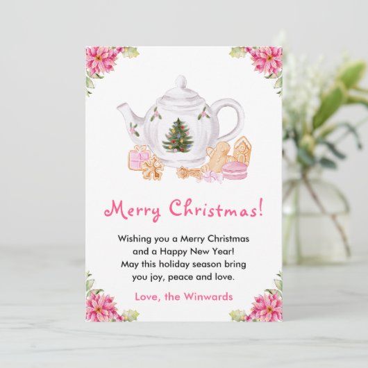Vakantie Kerstthee Roze Vrolijke Kerstmis Feestdagenkaart (Staand voorkant)