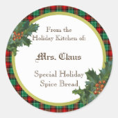 Vakantie keuken van aangepaste Holly Plaid Canning Ronde Sticker (Voorkant)