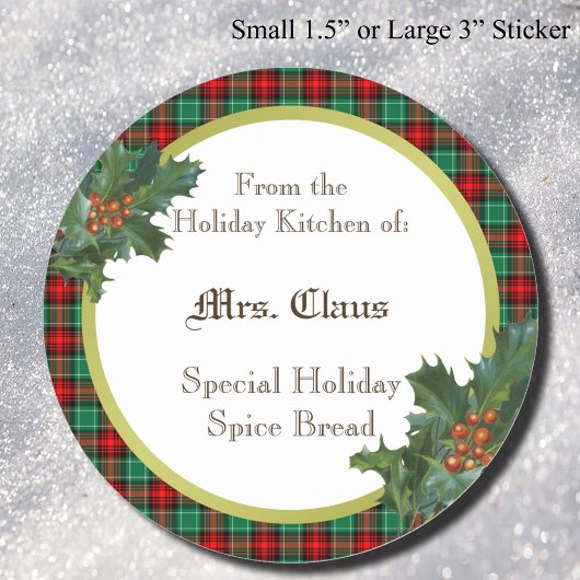 Vakantie keuken van aangepaste Holly Plaid Canning Ronde Sticker
