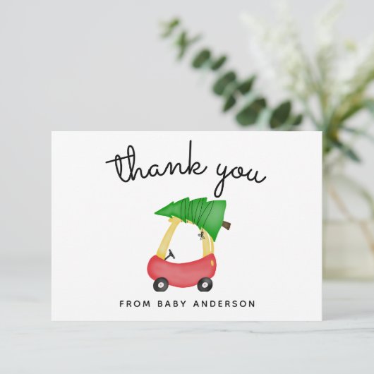 Vakantie kleine rode auto Baby shower dank u Bedankkaart (Staand voorkant)