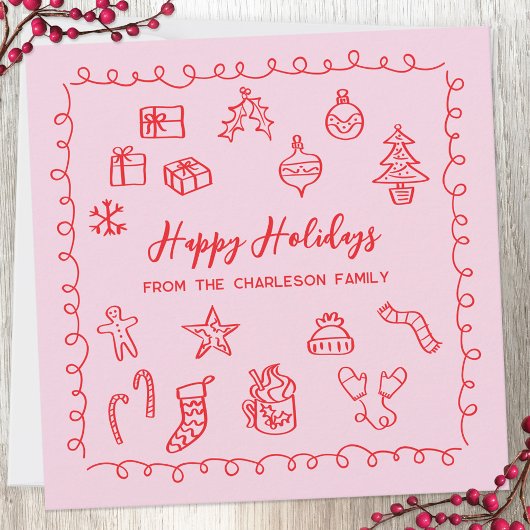 Vakantie krabbeldoodle roze en rode kaart