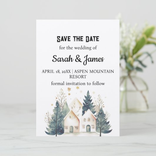 Vakantie Kraft Suburb House Pine Tree Save the Dat Kaart (Staand voorkant)