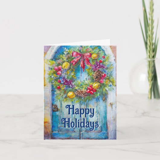 Vakantie krans op de oude deur feestdagen kaart (Voorkant)