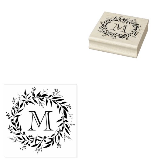 Vakantie Laurels en bessen Krans Familie Monogram Rubberstempel (Gestempeld)