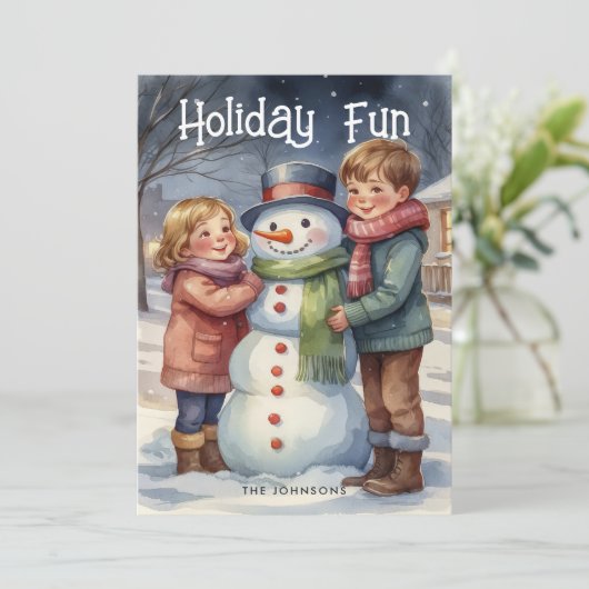 Vakantie Leuk Kinder Bouw Sneeuwman Kerst Kaart (Staand voorkant)