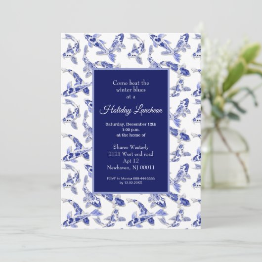 Vakantie lunch met blauwe en witte koi aankondiging (Staand voorkant)