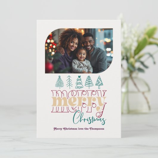 Vakantie Luxe Moderne Retro Doodle Kerstfoto Feestdagenkaart (Staand voorkant)