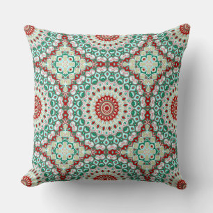 Vakantie-mandala in rood, groen en winterwit kussen