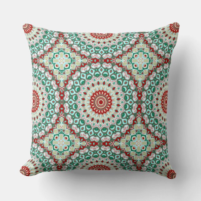 Vakantie-mandala in rood, groen en winterwit kussen (Voorkant)