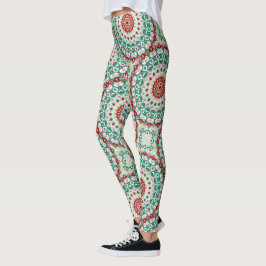 Vakantie-mandala in rood, groen en winterwit leggings