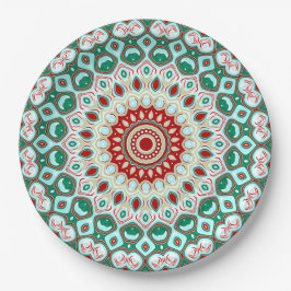 Vakantie-mandala in rood, groen en winterwit papieren bordje