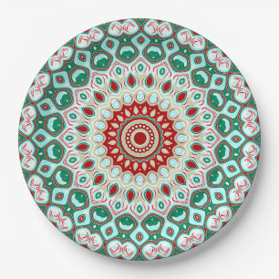 Vakantie-mandala in rood, groen en winterwit papieren bordje