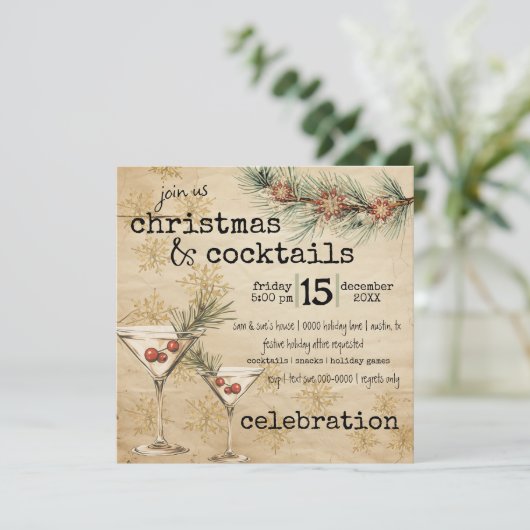 Vakantie Martinis Rustieke Pine en Snowflakes Part Kaart (Staand voorkant)