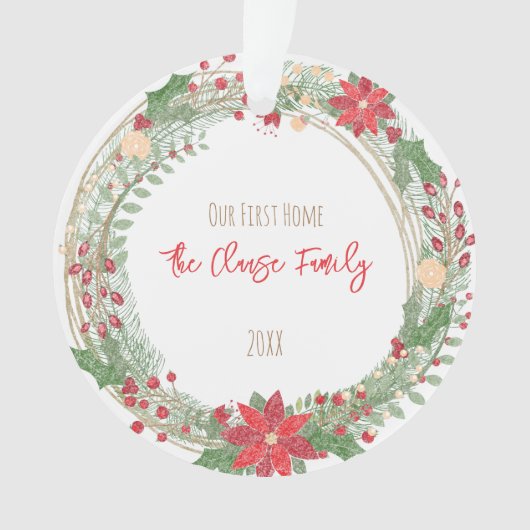Vakantie met ons adres voor het eerste thuisjaar ornament (voorkant)