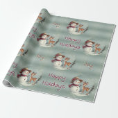Vakantie Ontwerp Cute Hert En Sneeuwman Cadeaupapier (Uitgerold)