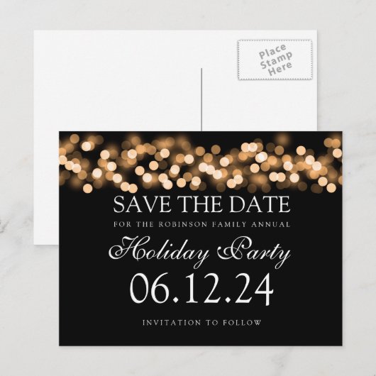 Vakantie partij Save the Date Gold Bokeh Lights Aankondigingskaart (Voorkant / Achterkant)