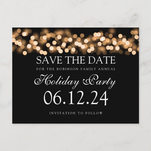Vakantie partij Save the Date Gold Bokeh Lights Aankondigingskaart (Voorkant)