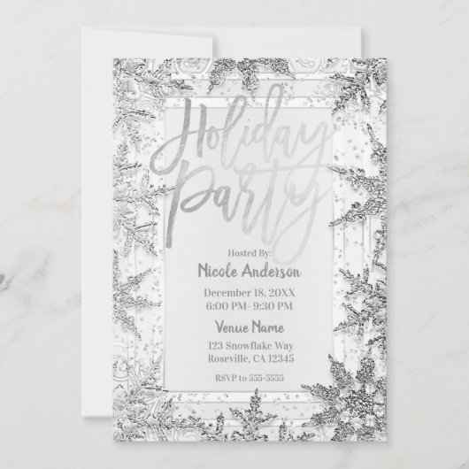 VAKANTIE PARTIJ Zilver Sneeuwvlokken Modern Script Kaart (Voorkant)
