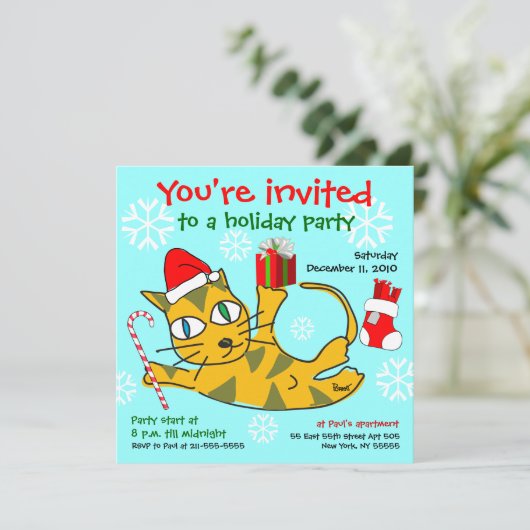 Vakantie Party Uitnodiging Rolling Cat (Staand voorkant)