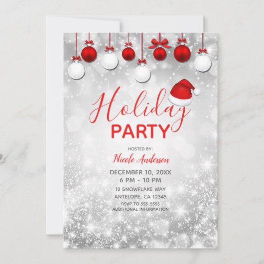 Vakantie Party Winter Rood Wit Sparkle Ornamenten Kaart (Voorkant)