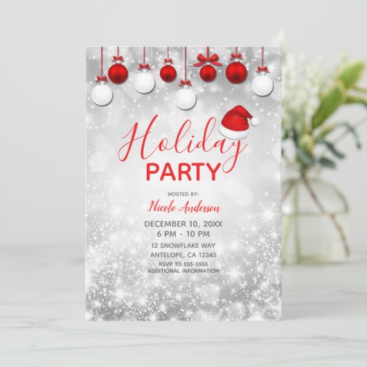 Vakantie Party Winter Rood Wit Sparkle Ornamenten Kaart (Staand voorkant)