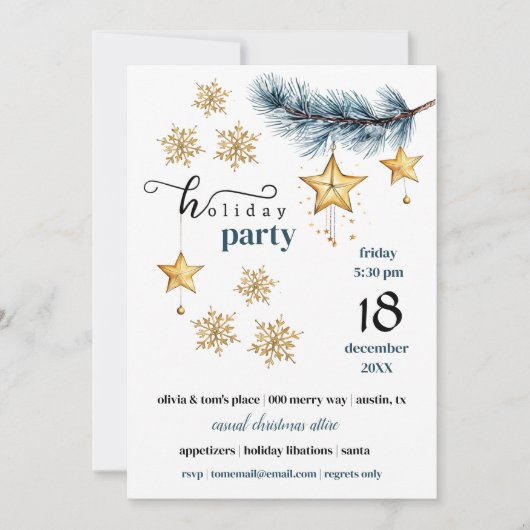 Vakantie Pine Gouden Sneeuwvlokken en Sterren Part Kaart (Voorkant)