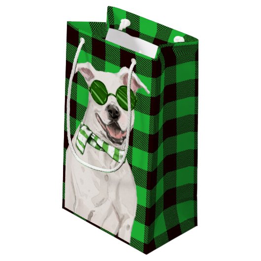 Vakantie Pit Bull en Green Plaid Kerstmis Klein Cadeauzakje (Achterkant Gekanteld)