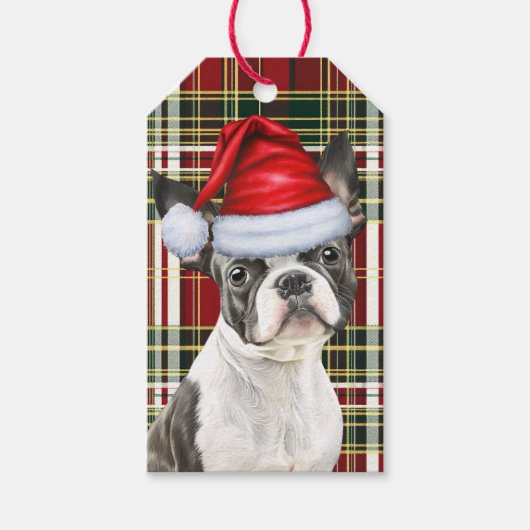 Vakantie Plaid Boston Terrier Hond Kerstmis Cadeaulabel (Voorkant)