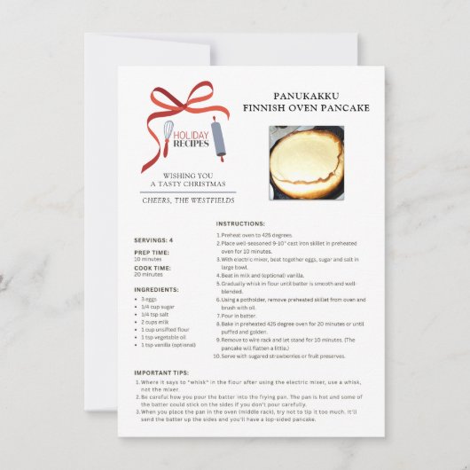Vakantie Recept Fins Oven Pannenkoek Kerst Kaart (Voorkant)