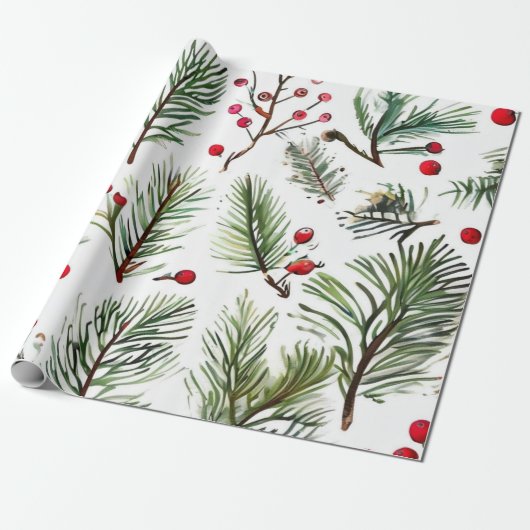 Vakantie Red Pine & Berries Design Cadeaupapier (Uitgerold)