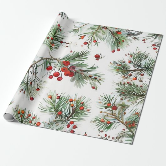 Vakantie Red Pine & Berries Design Cadeaupapier (Uitgerold)