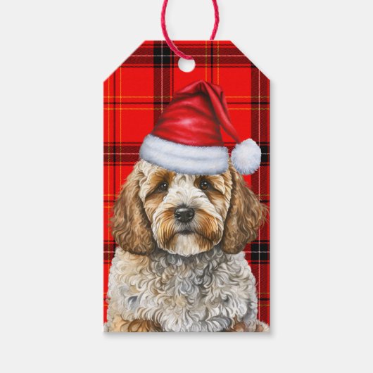 Vakantie Red Plaid Cockapoo Santa Dog Kerstmis Cadeaulabel (Voorkant)