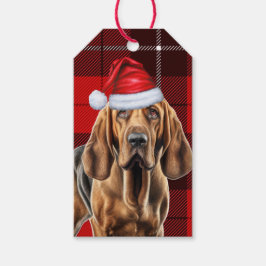 Vakantie Red Plaid met een Bloedhond Kerstmis Cadeaulabel