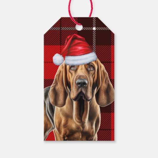 Vakantie Red Plaid met een Bloedhond Kerstmis Cadeaulabel (Voorkant)