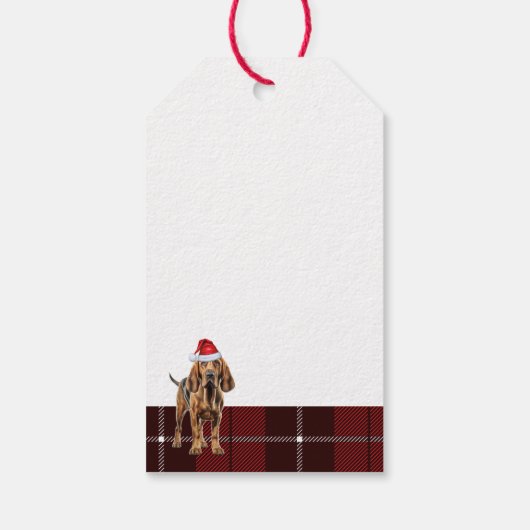 Vakantie Red Plaid met een Bloedhond Kerstmis Cadeaulabel (Achterkant)