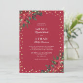 Vakantie Red Poinsettia Gold Glitter Wedding Kaart (Staand voorkant)