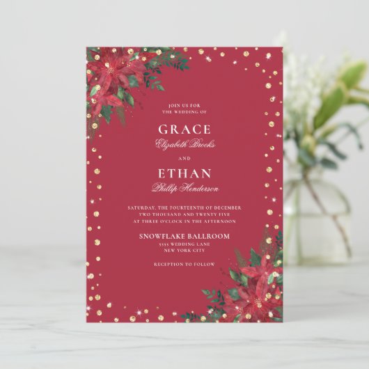 Vakantie Red Poinsettia Gold Glitter Wedding Kaart (Staand voorkant)