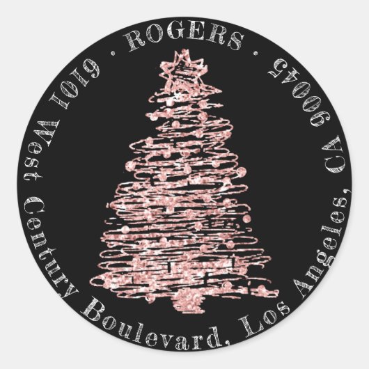 Vakantie retour adres zwart RSVP kerstboom Ronde Sticker (Voorkant)