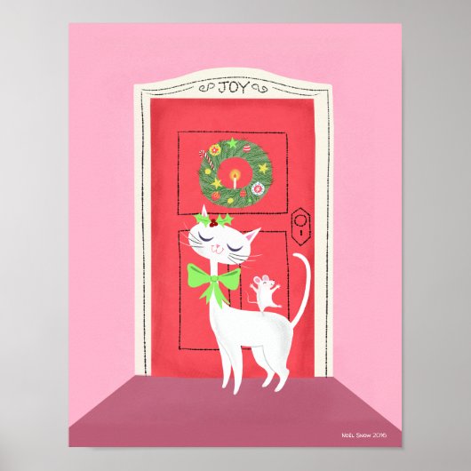 Vakantie Retro Witte Kat en Muis Art Print (Voorkant)