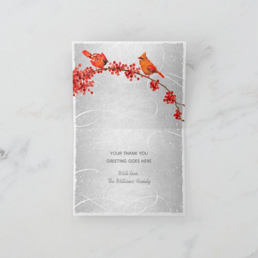 Vakantie Rode Kardinalen Faux Zilver Dank u kaart (Binnen)