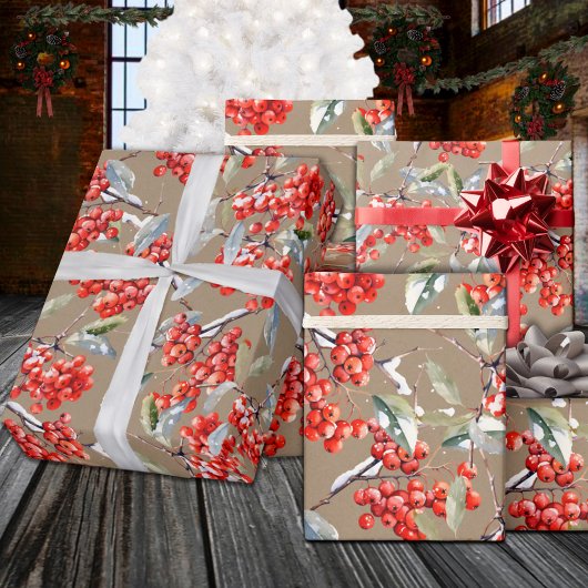 Vakantie Rode Winterberry Holly Rustic Kraft Cadeaupapier