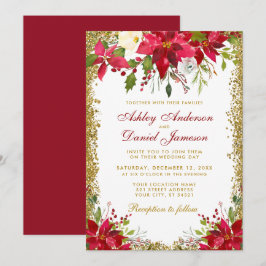 Vakantie rond Floral Red Poinsettia Gold Glitter Kaart